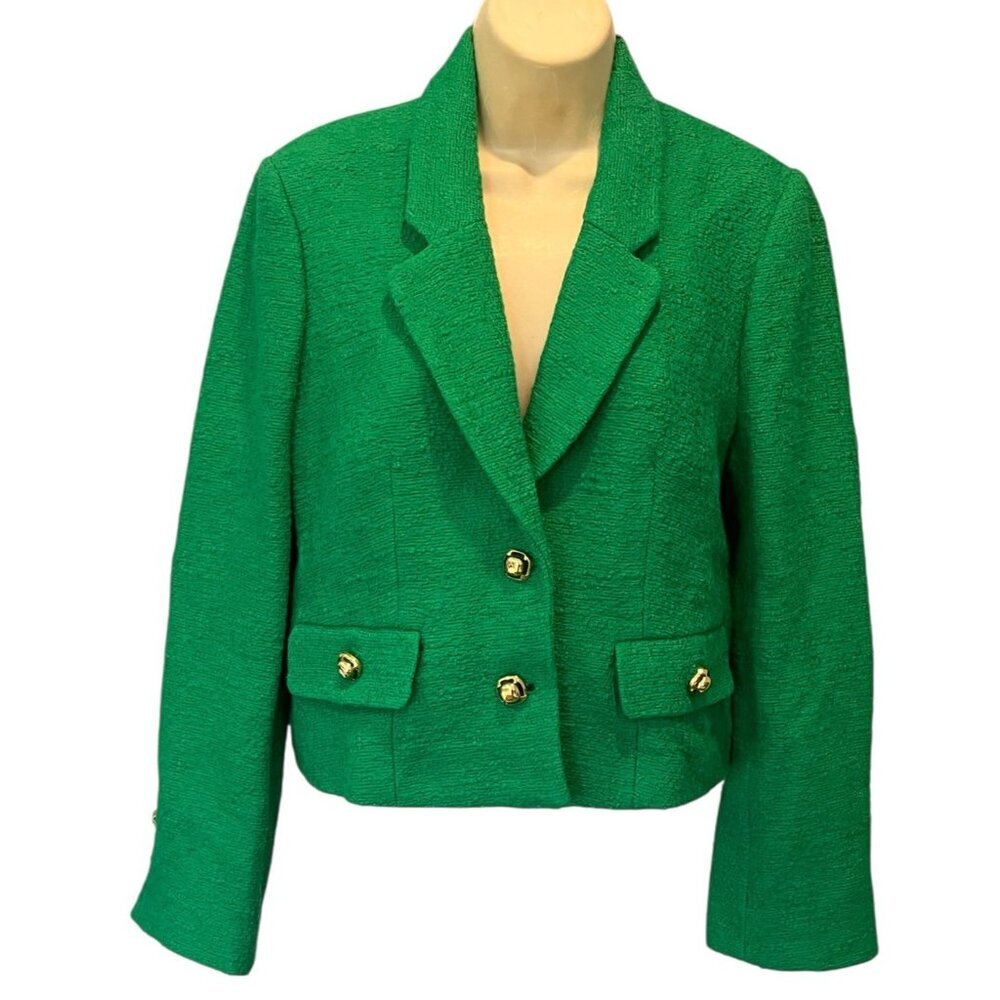 ZARA Green Textured Tweed Gold Button Cropped Jacket Blazer - Picture 4 of 12